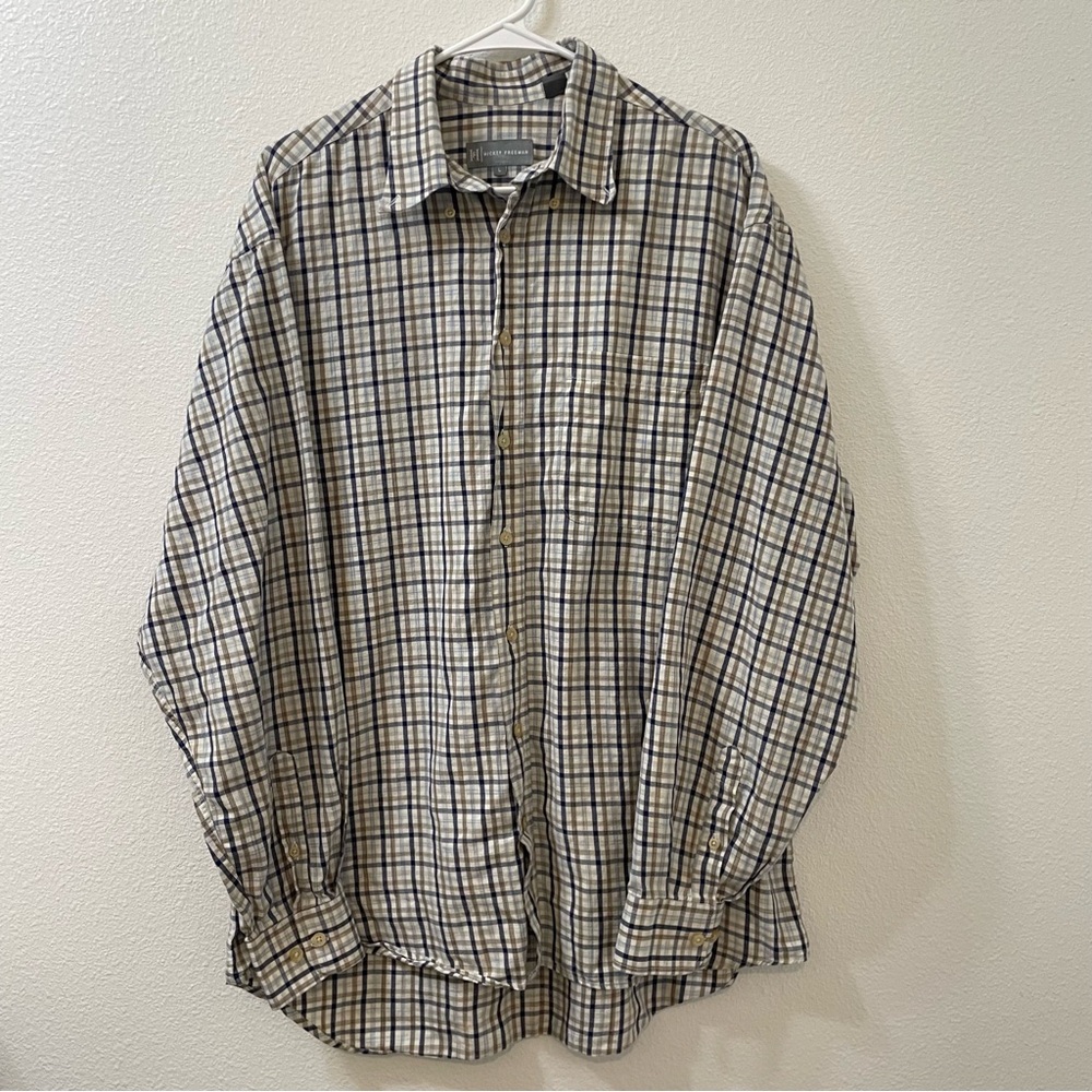 Hickey freeman plaid button down shirt tan large